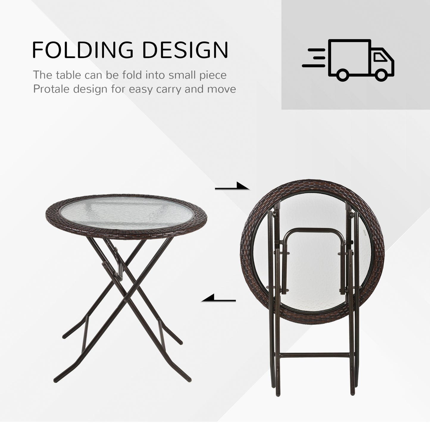 Folding Rattan Garden Dining Table, 68 cm Round Rattan Garden Table with Water Ripple Tempered Glass Top