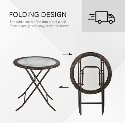 Folding Rattan Garden Dining Table, 68 cm Round Rattan Garden Table with Water Ripple Tempered Glass Top