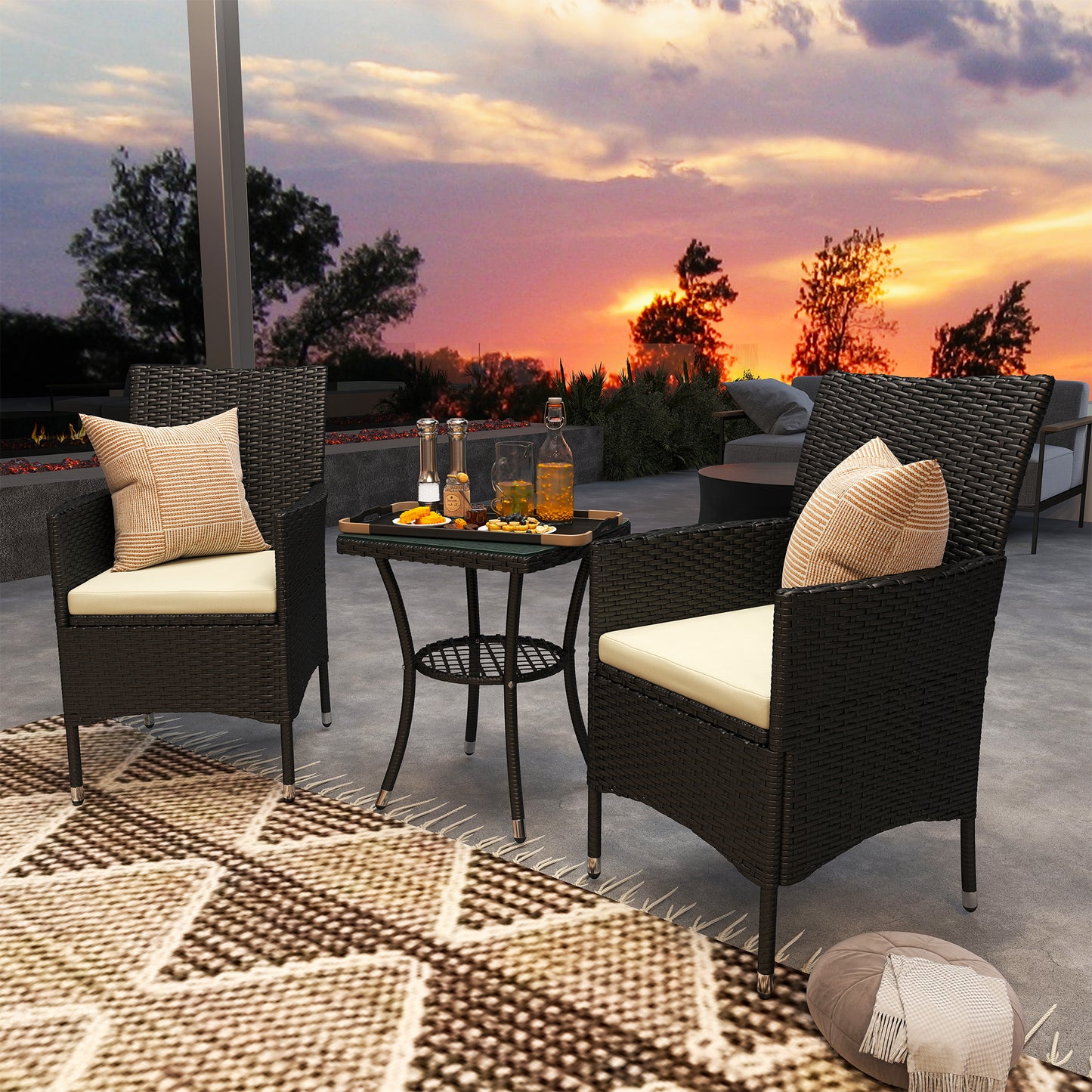 3-Piece Rattan Bistro Set with Cushions – Black