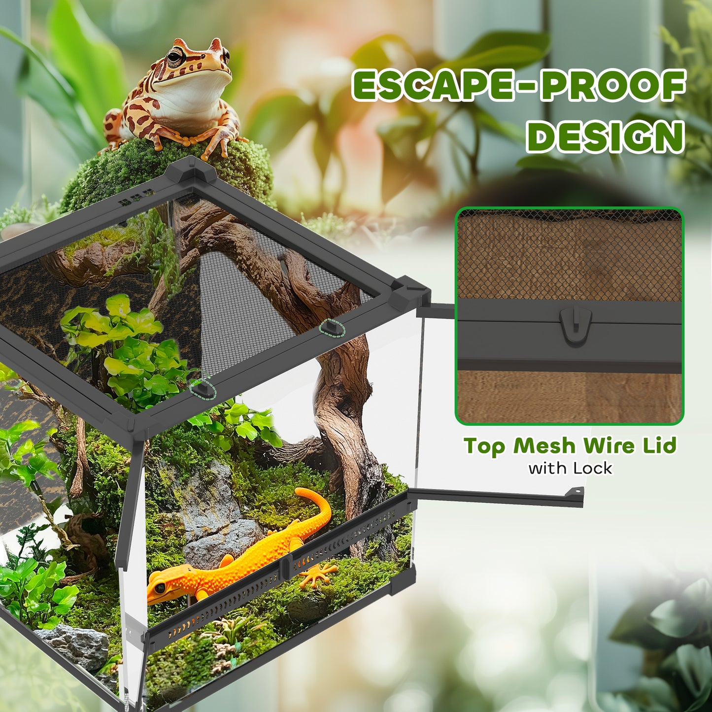 Reptile Glass Terrarium with Stone Background, Front Ventilation, Escape-Proof Knob Lock, 30 x 30 x 30 cm, Black