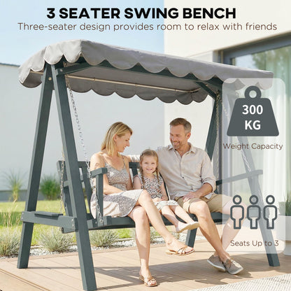 3 Seater Garden Swing Seat with Canopy, Wooden Swing Chair, Outdoor Hammock Bench for Balcony Patio Porch, Grey