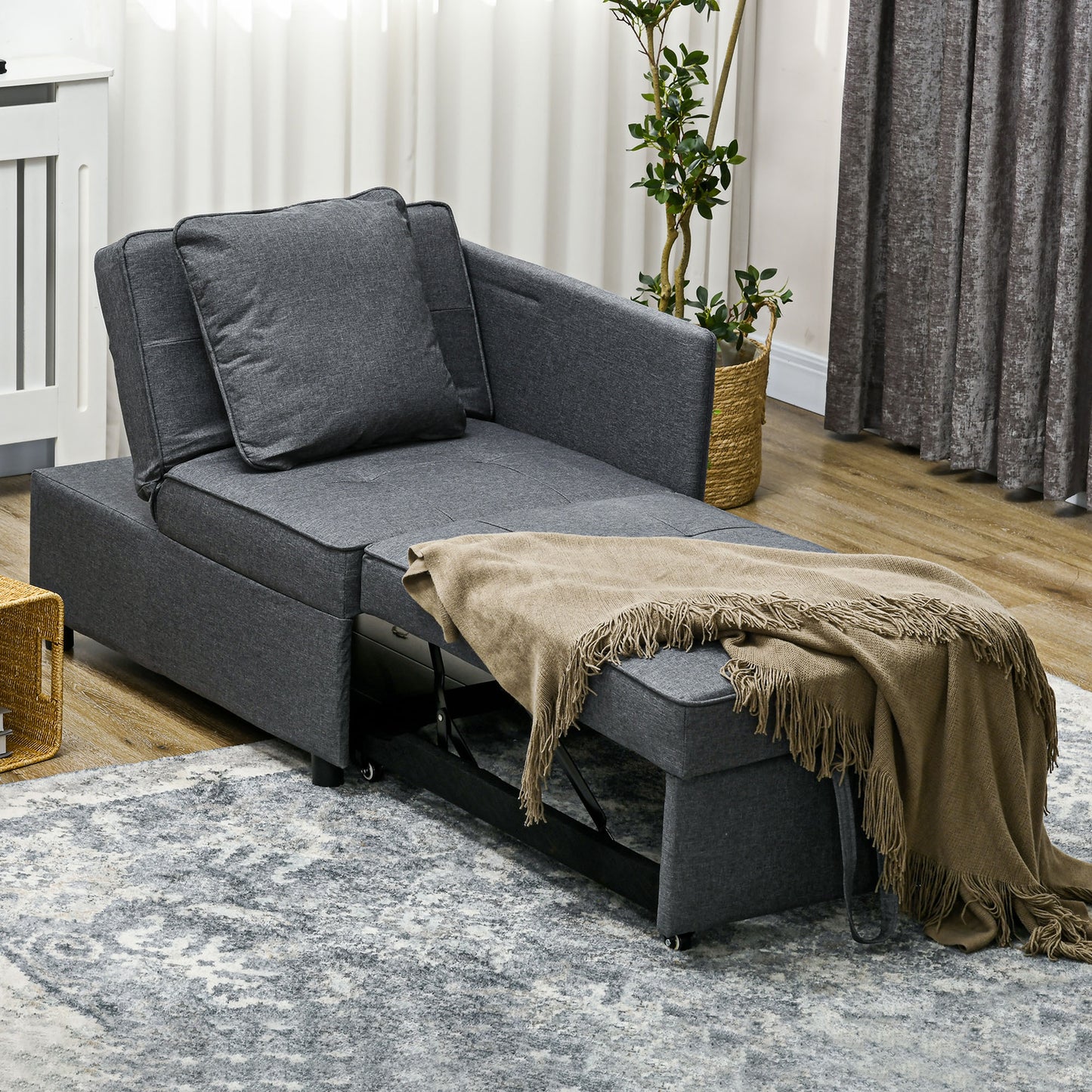 Convertible Single Sofa Bed, 3-in-1 Multi-Functional Sleeper Chair Bed with Magazine Pocket, Grey