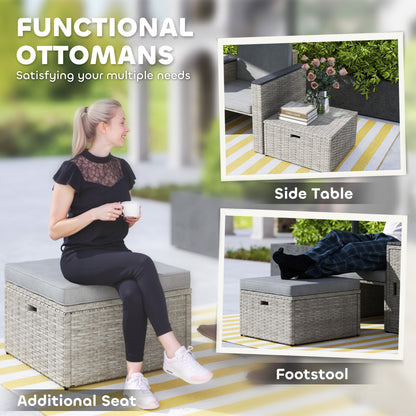 5 Piece Rattan Garden Furniture Set with Storage Table, Footstools, Cushions, Grey