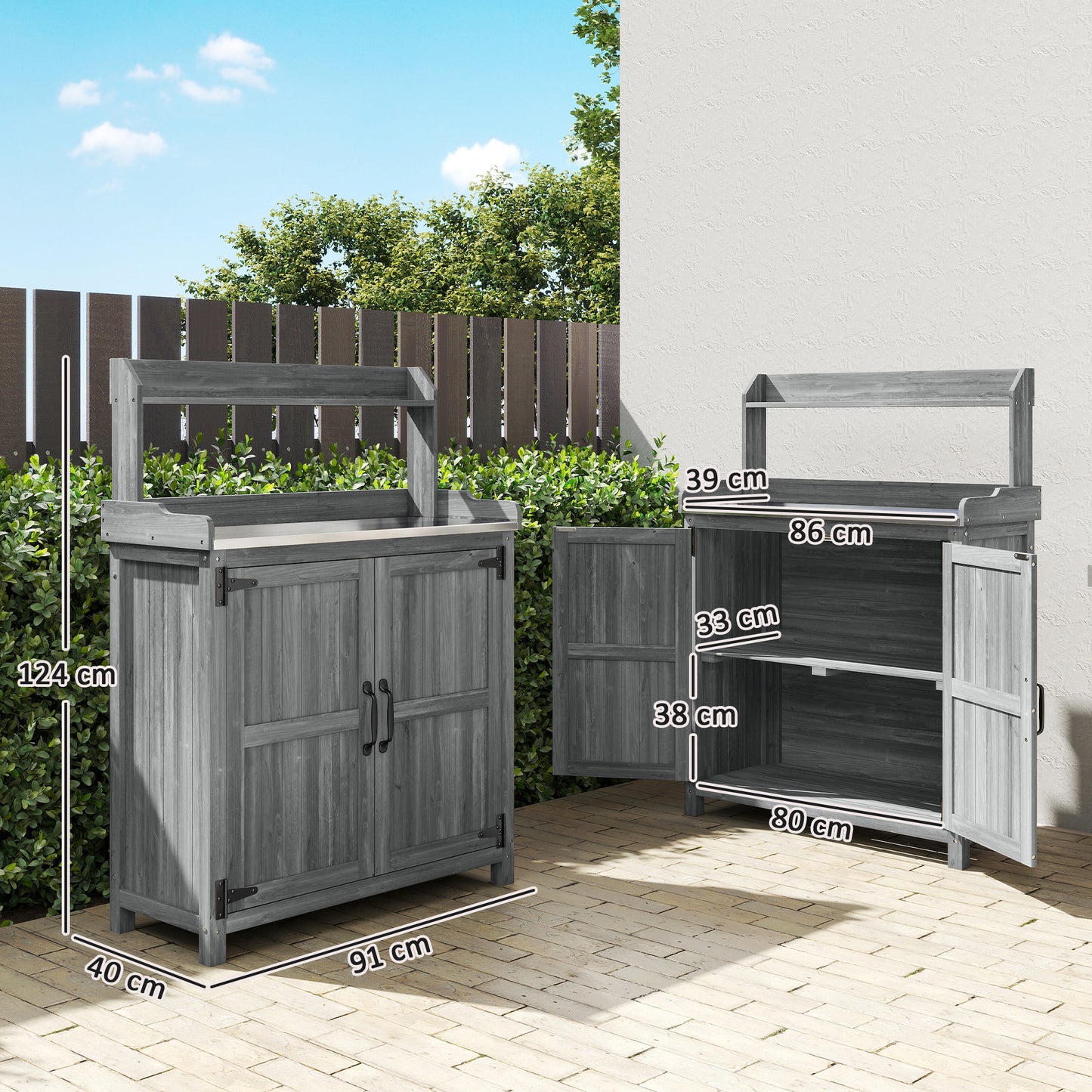 Wooden Potting Bench Table with Aluminium Worktop, Outdoor Garden Workbench with Top Shelf and Cabinet Storage