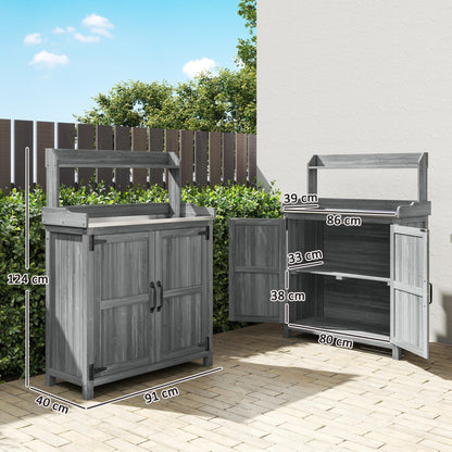 Wooden Potting Bench Table with Aluminium Worktop, Outdoor Garden Workbench with Top Shelf and Cabinet Storage