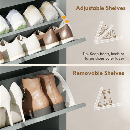Slim Shoe Cabinet, Narrow Shoe Cupboard with 3 Flip Drawers, Adjustable Shelves for 18 Pairs of Shoes, Light Grey