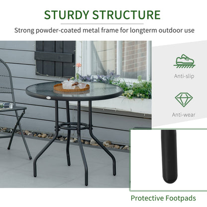 Outdoor φ80cm Round Dining Table Tempered Glass Top Steel Frame Bistro Coffee End Side Table Garden w/ Parasol Hole