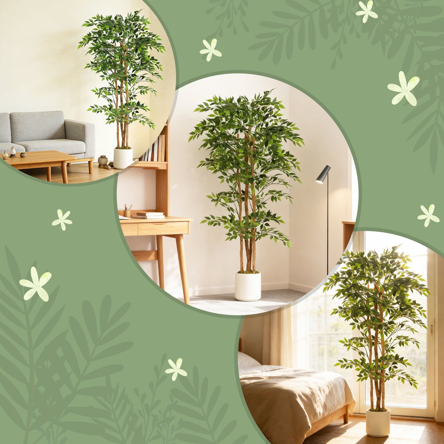 180cm Artificial Ficus Tree, Fake Potted Tree with Solid Wood Trunk and Pot for Indoor, Green