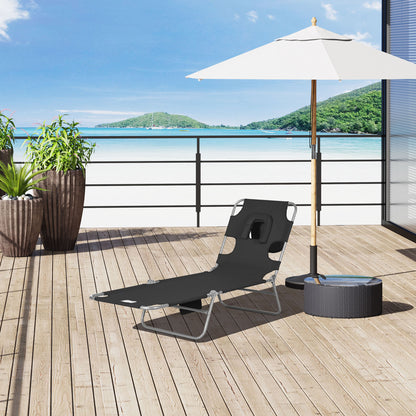 Foldable Sun Lounger, Beach Chaise Lounge with Reading Hole, Arm Slots, 5-Position Adjustable Backrest, Side Pocket