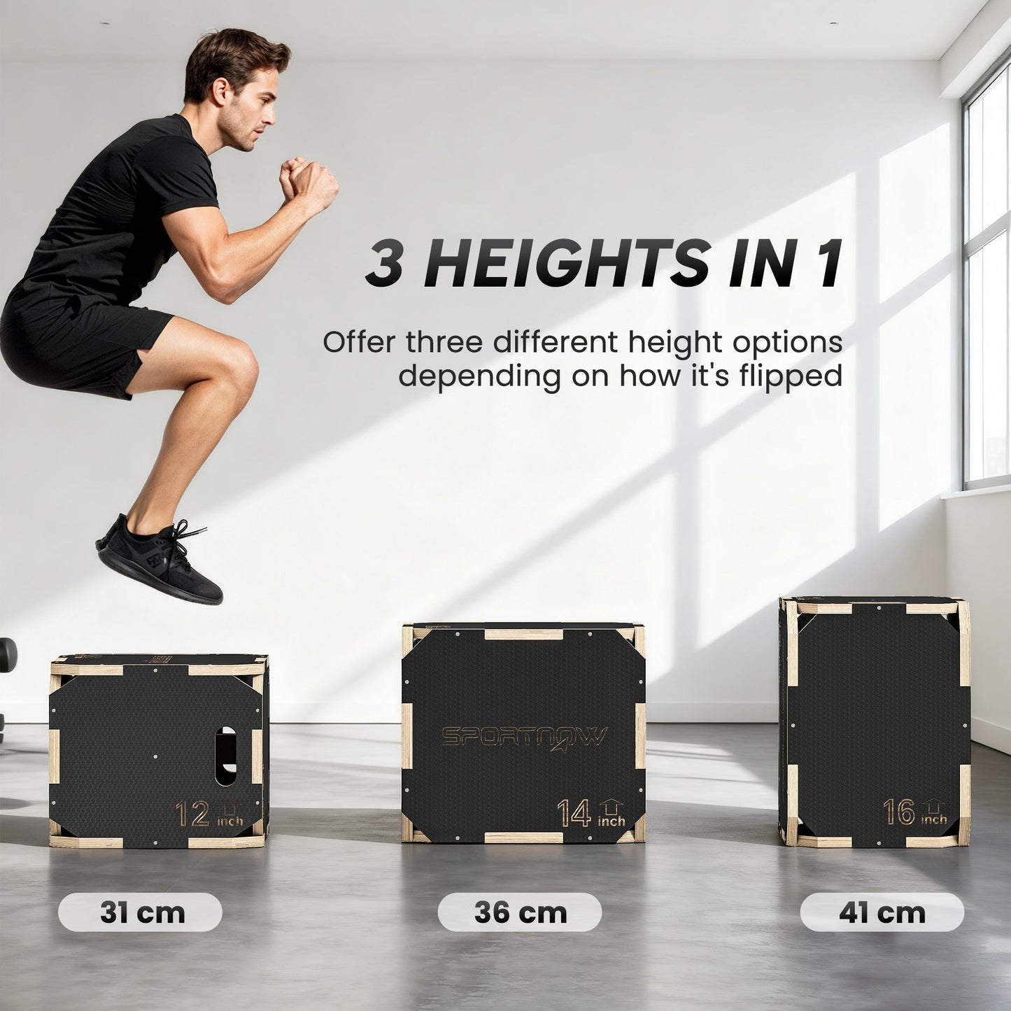 Non-Slip Plyo Box, Corner-free Wooden Jump Box, 31 x 36 x 41 cm