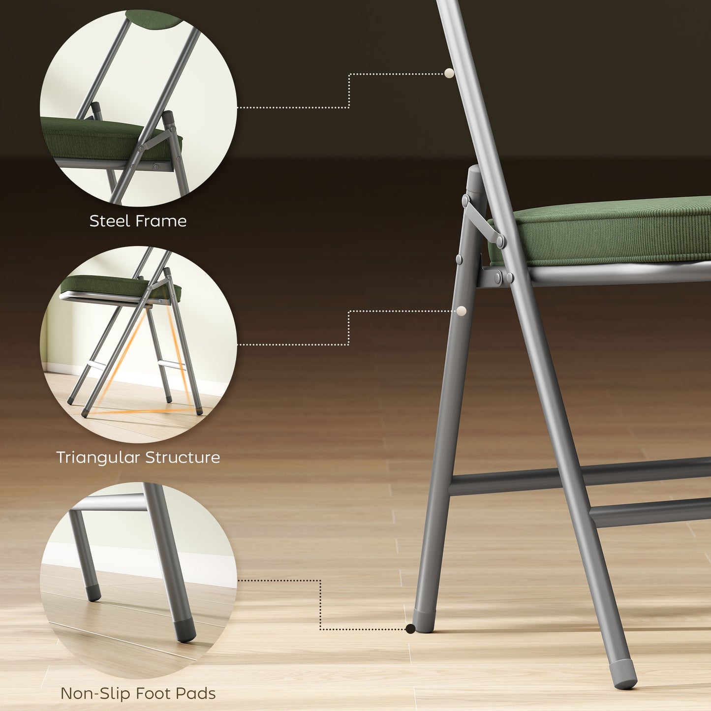 Set of Four Folding Corduroy Seat Chairs - Green