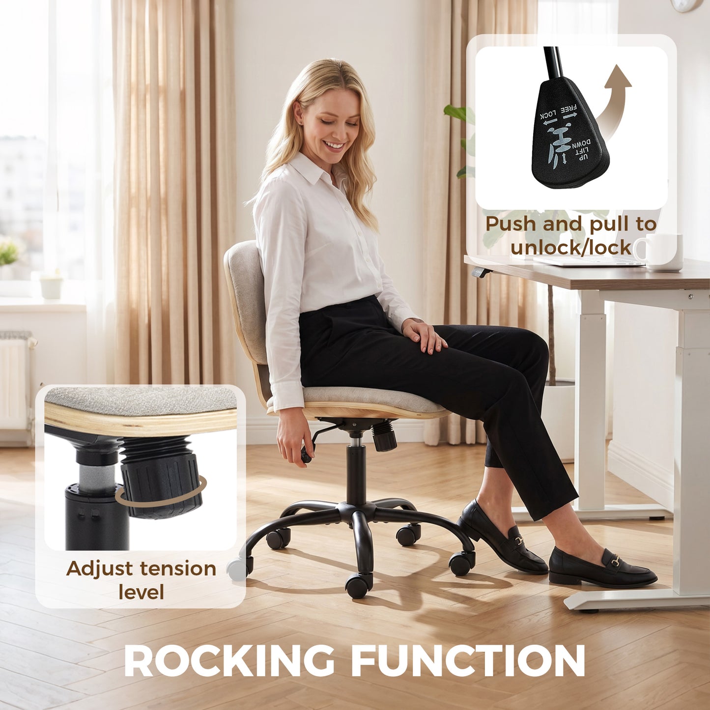 Home Office Desk Chair Rocking Function Ergonomic Swivel Chair with PU Wheels, Light Grey