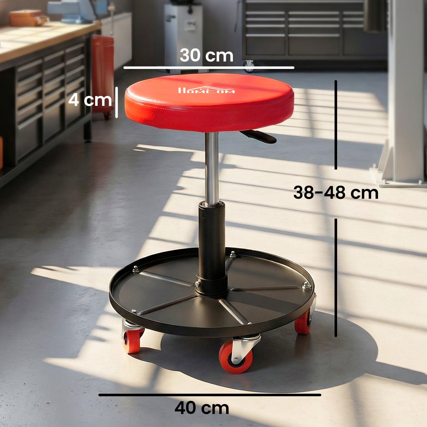 Rolling Mechanical Stool, Pneumatic Adjustable Workshop Stool with Tool Tray, Wheels - Orange