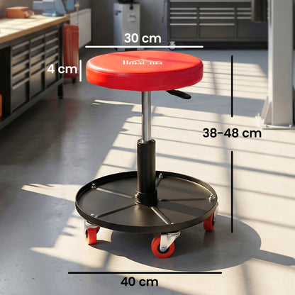 Rolling Mechanical Stool, Pneumatic Adjustable Workshop Stool with Tool Tray, Wheels - Orange