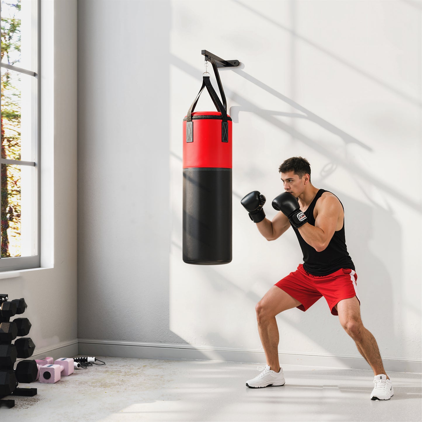 Unfilled Punching Bag Set with Boxing Bag Bracket, Boxing Gloves, Hand Wraps and 360° Swivel Hook