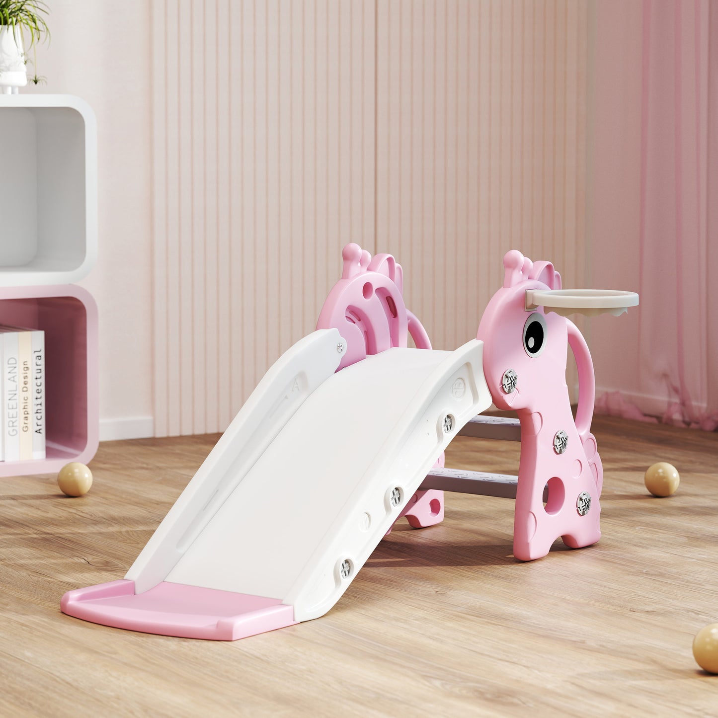 3 in 1 Kids Slide with Climber, Basketball Hoop and Ball, Giraffe Shape Climber Slide for Indoor Kids Age 1-3, Pink