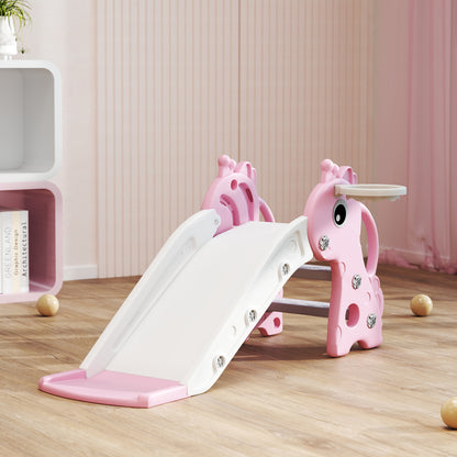 3 in 1 Kids Slide with Climber, Basketball Hoop and Ball, Giraffe Shape Climber Slide for Indoor Kids Age 1-3, Pink