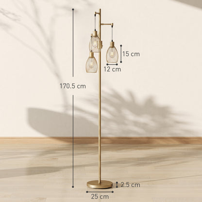 170.5cm Industrial Dimmable Standing Lamp, 3-Light Floor Lamp with Steel Wire Cage Lampshades, Gold Tone