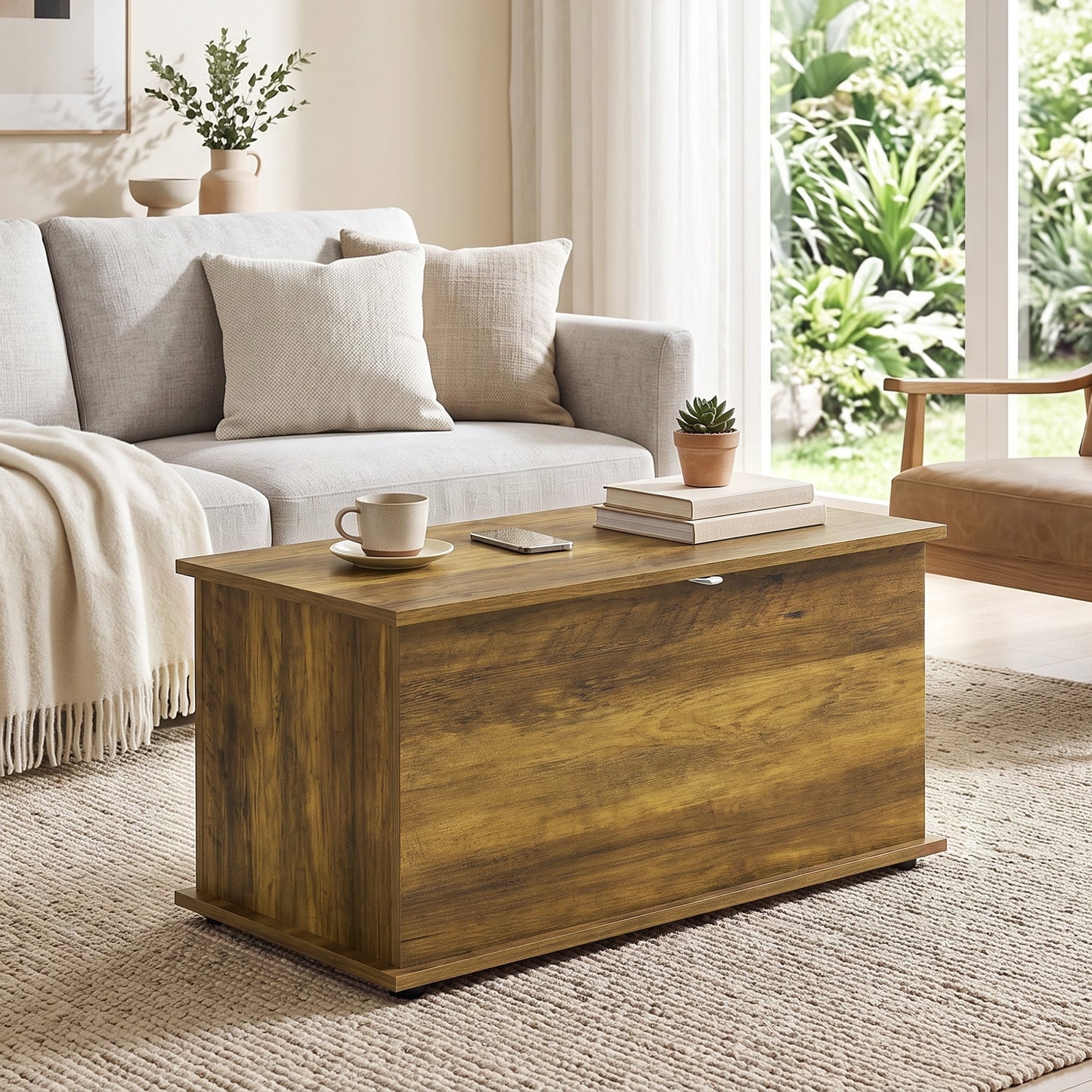 Storage Chest, 102L Blanket Box, Shoe Bench Safety Hinged Lid, Bed End Bench for Bedroom, 80 x 40 x 45cm, Brown