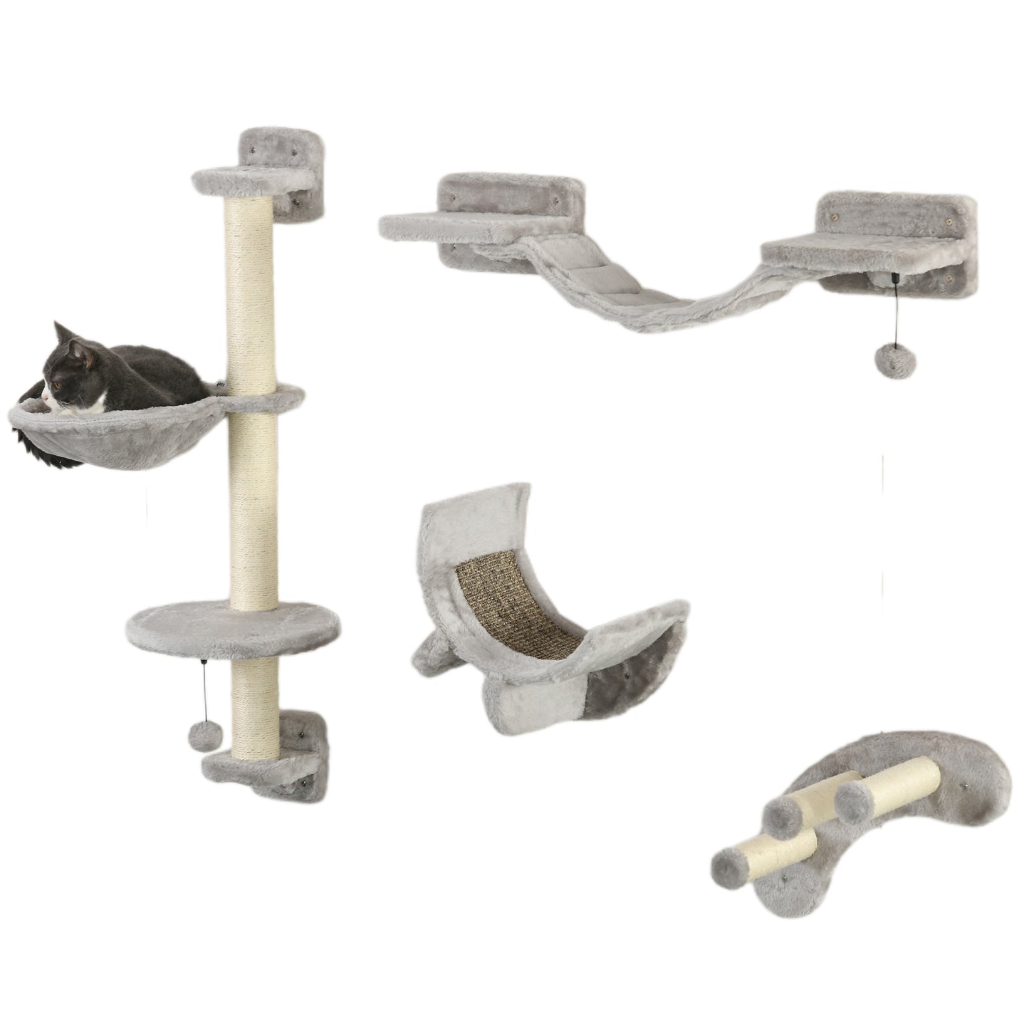 Four-Piece Cat Wall Furniture, with Hammock, Ladder, Platforms, Steps, for Indoor Use - Grey