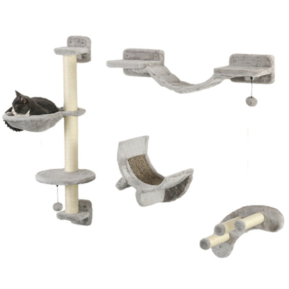 Four-Piece Cat Wall Furniture, with Hammock, Ladder, Platforms, Steps, for Indoor Use - Grey