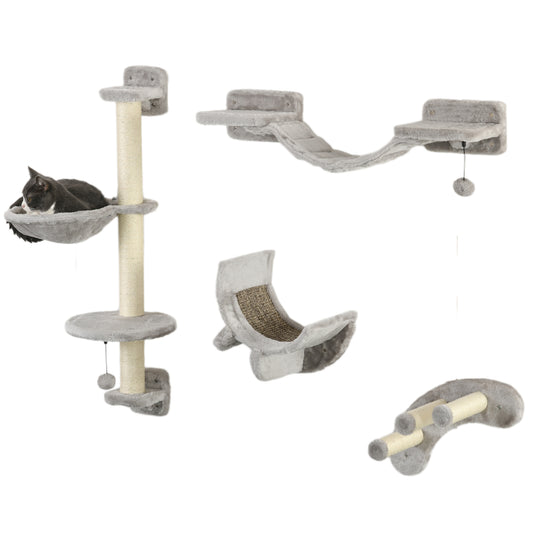 Four-Piece Cat Wall Furniture, with Hammock, Ladder, Platforms, Steps, for Indoor Use - Grey