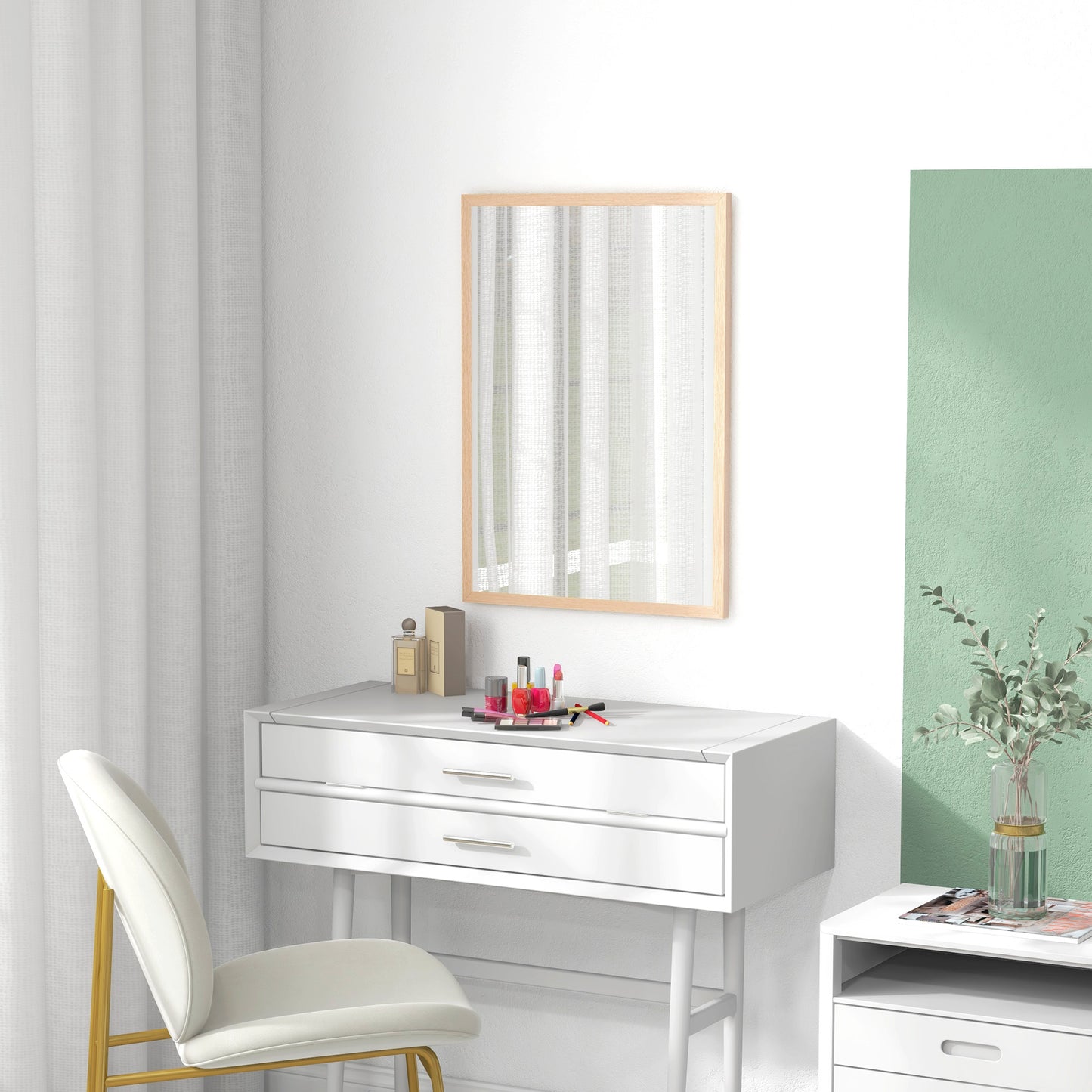 Wall Bathroom Mirror, 70 x 50 cm Wall-Mounted Mirror for Living Room, Bedroom, Hallway, Natural Wood