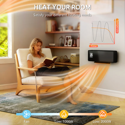 2000W Ceramic Electric Heater with Fan, Adjustable Thermostat, Wall Mounted - Black