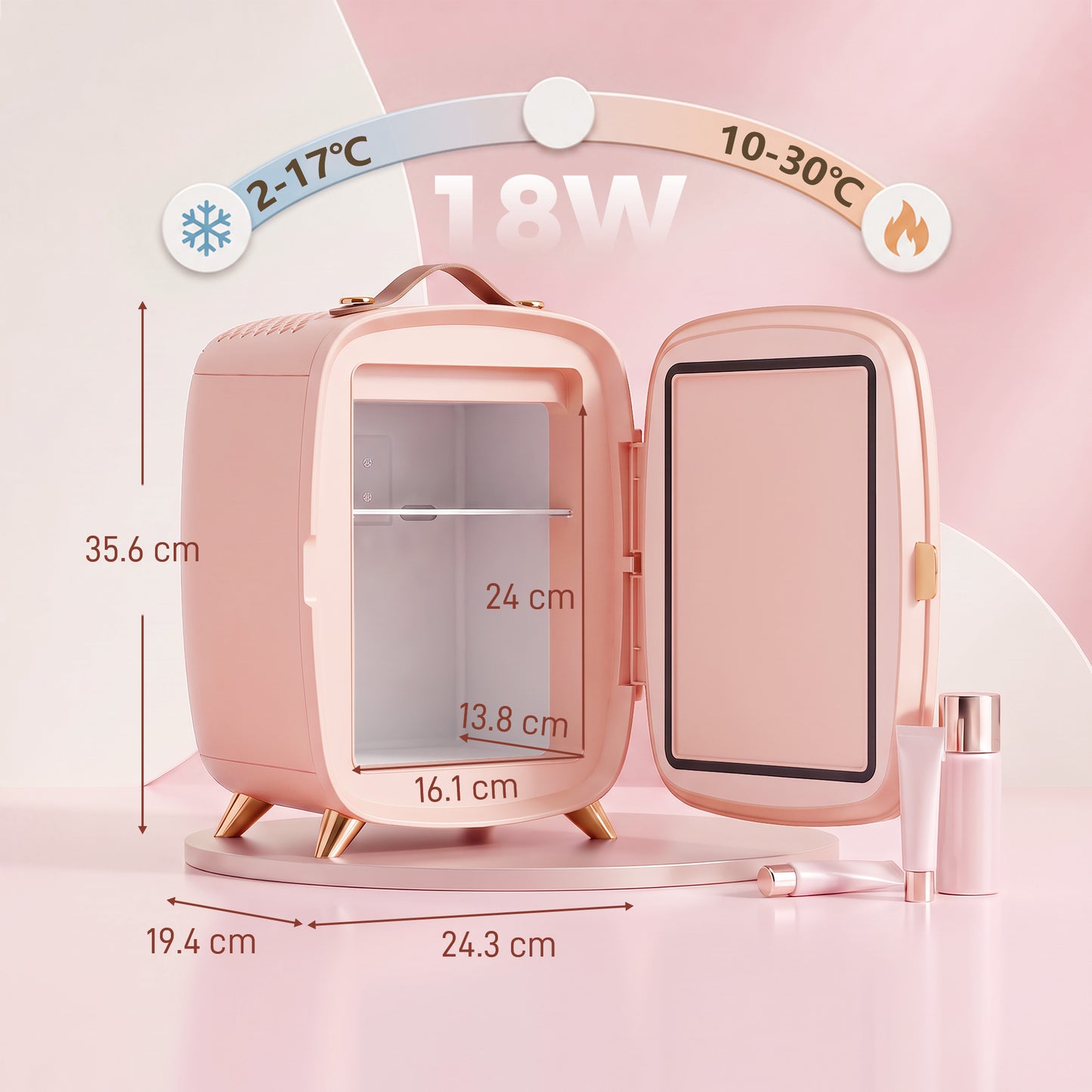 Skincare Refrigerator, 6L Mini Cosmetic Fridge with LED Mirror, Cooling Function for Bedroom, Skincare, Office, Pink
