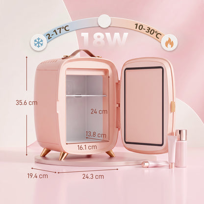 Skincare Refrigerator, 6L Mini Cosmetic Fridge with LED Mirror, Cooling Function for Bedroom, Skincare, Office, Pink