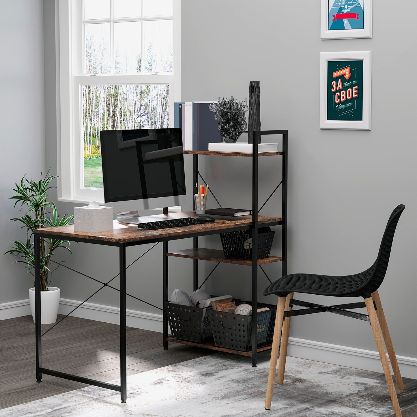 Reversible Computer Desk with Storage Shelves on Left or Right, Industrial Reversible Writing Desk for Home Office, Study
