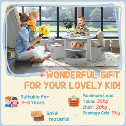 Five-Piece Kids Table and Chairs Set with Storage, for Ages 3-8 Years, Grey