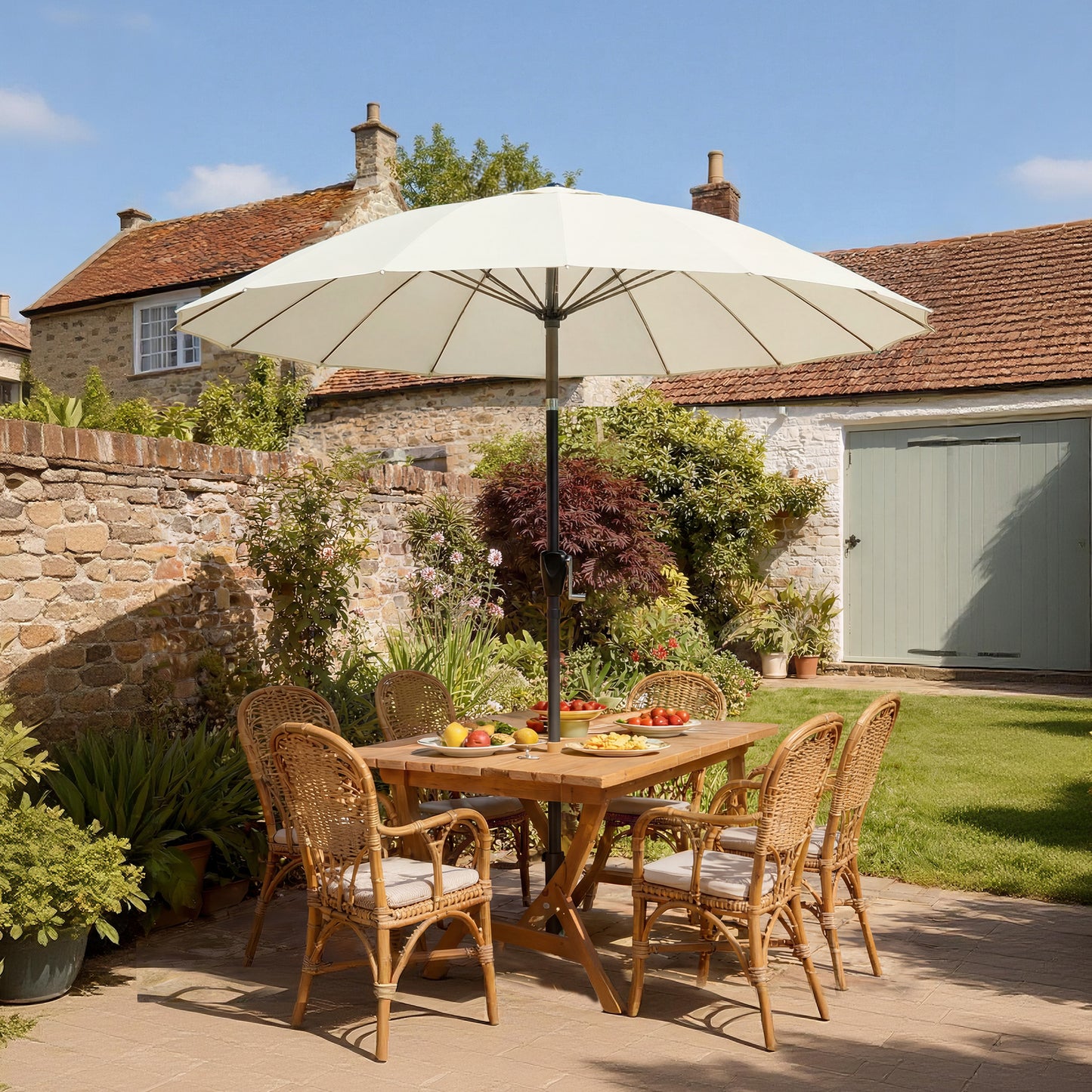 2 m Shanghai Garden Parasol Umbrella with 16 Fibreglass Ribs, Outdoor Parasol Sun Shade with Crank & Tilt, Cream White