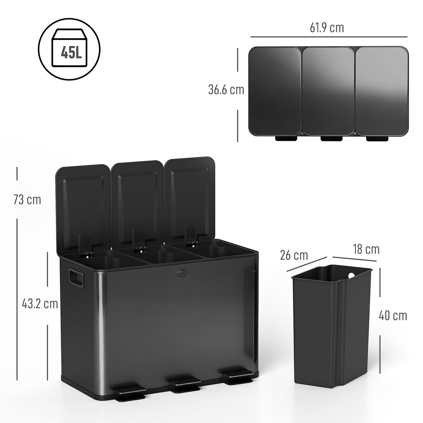 3 x 15L Pedal Bin, Steel Triple Kitchen Bin with Soft Close Lid, Removable Inner Buckets, Fingerprint-Proof, Black