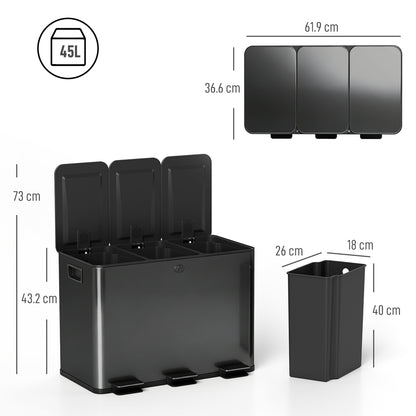 3 x 15L Pedal Bin, Steel Triple Kitchen Bin with Soft Close Lid, Removable Inner Buckets, Fingerprint-Proof, Black