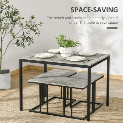 Dining Table and Chairs Set for 4 People, Concrete Effect Kitchen Table and Bench Set with Steel Frame