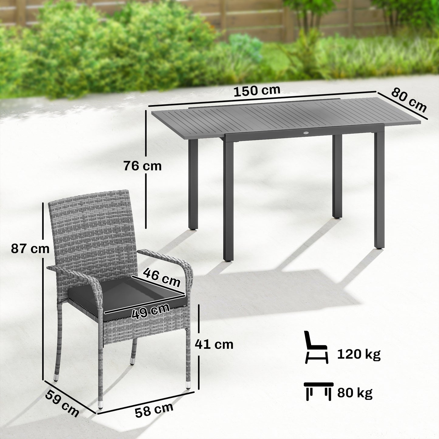7 Piece Rattan Garden Furniture Set, 6 Seater Garden Table and 6 Stackable Chairs with Extendable Acacia Wood Tabletop