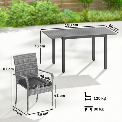 7 Piece Rattan Garden Furniture Set, 6 Seater Garden Table and 6 Stackable Chairs with Extendable Acacia Wood Tabletop