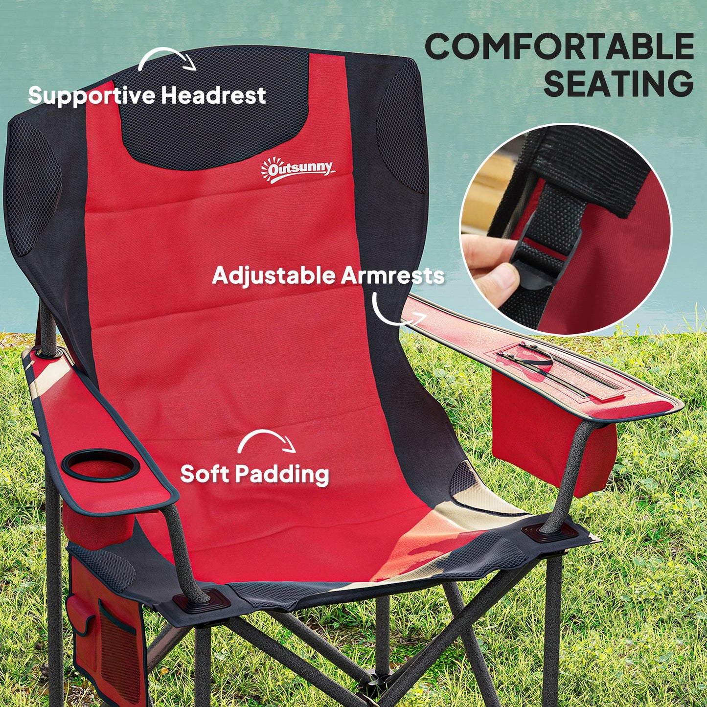 Set of 2 Folding Camping Chairs, Padded Camping Chairs with Adjustable Armrests