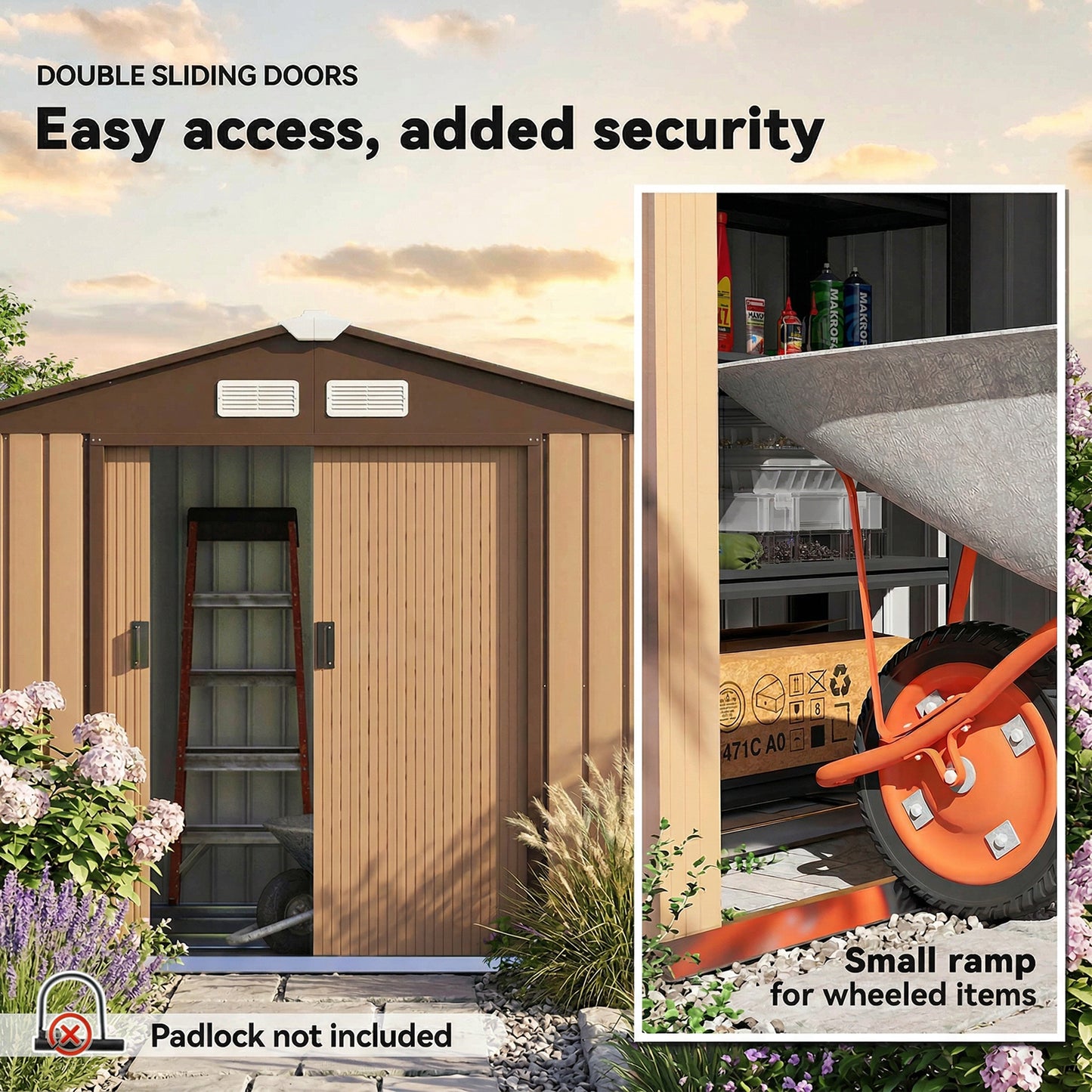 7 x 4ft Lockable Metal Garden Tool Storage Shed, Outdoor Storage Shed with Foundation and vents, Light Brown