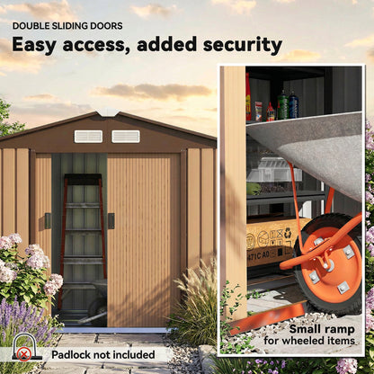 7 x 4ft Lockable Metal Garden Tool Storage Shed, Outdoor Storage Shed with Foundation and vents, Light Brown