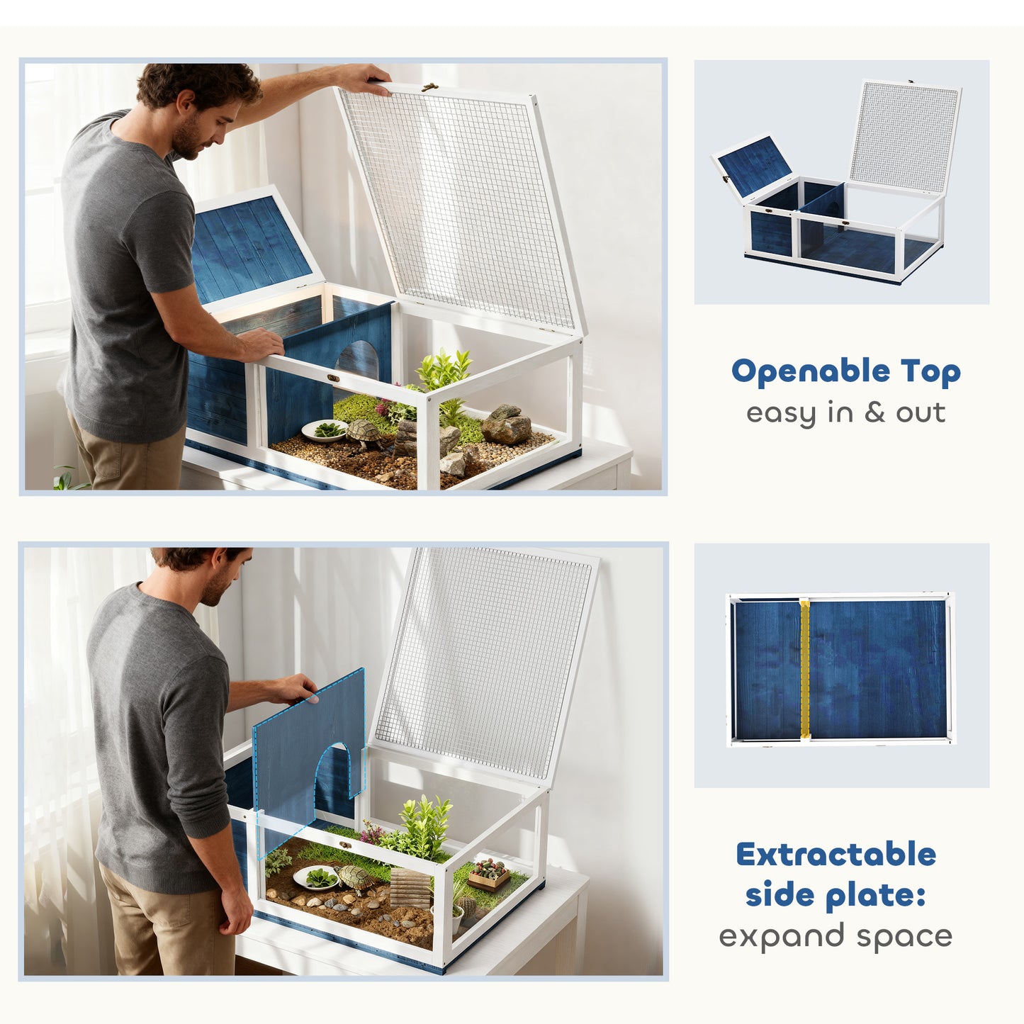 Tortoise House, Small Reptile Wooden House, with Mesh Roofs, Side Panels, for Turtles, Lizards, Geckos and Snakes