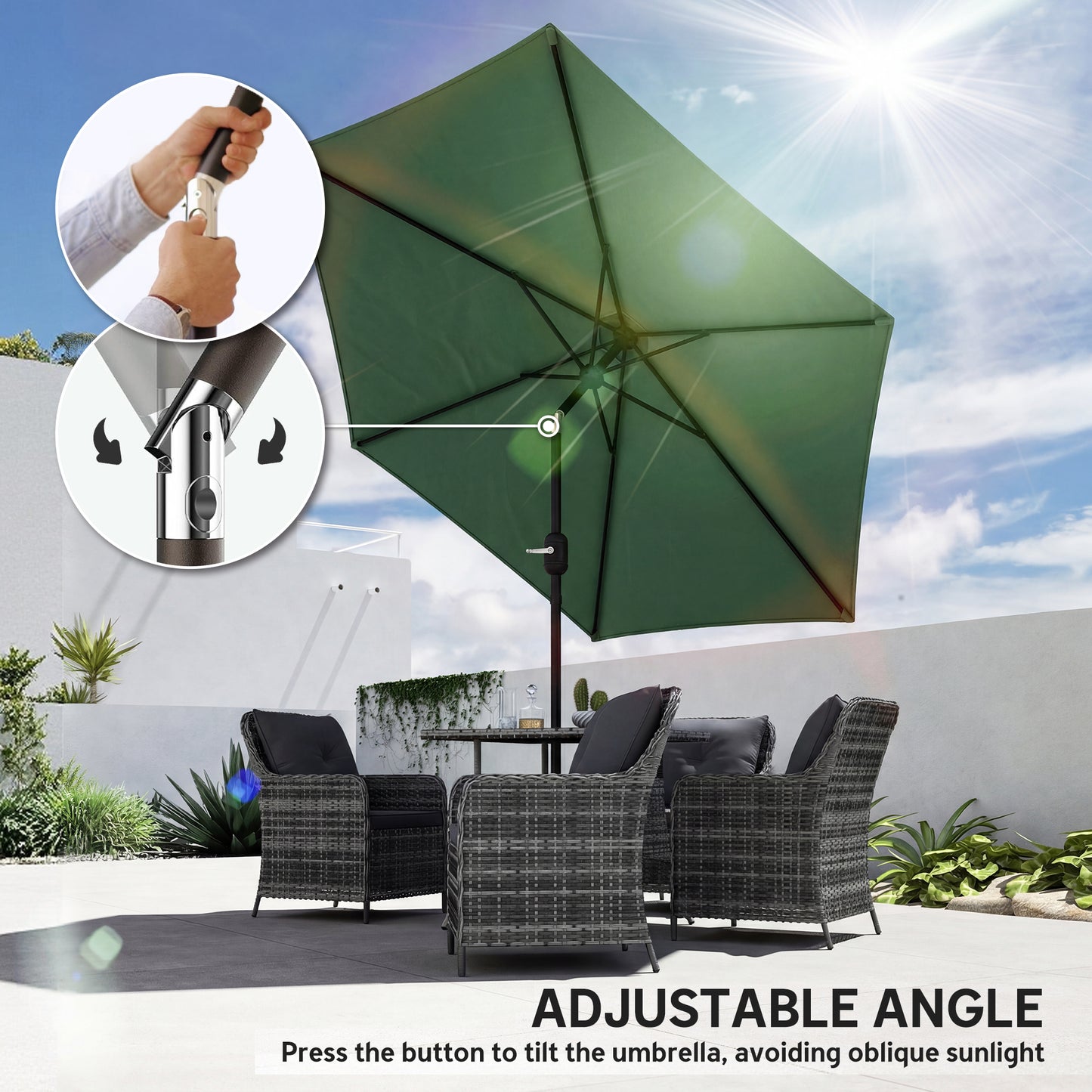 2.6 m Garden Parasol Umbrella with Aluminium Pole, Outdoor Patio Umbrella with Tilt and Crank, Vent, Dark Green