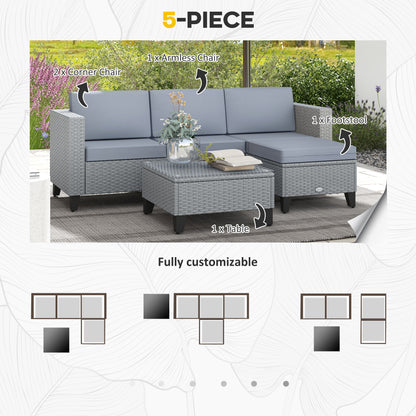 5-Piece Rattan Patio Furniture Set with Corner Sofa, Footstools, Coffee Table, for Poolside, Grey