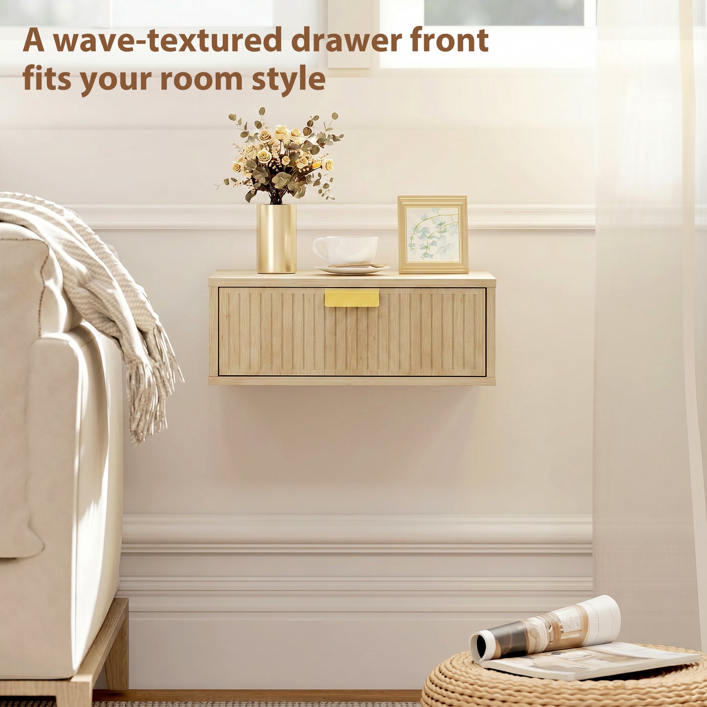 Modern Floating Nightstands Set of 2, Wall Mounted Bedside Tables with Wave Drawer Oak