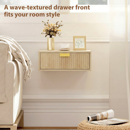 Modern Floating Nightstands Set of 2, Wall Mounted Bedside Tables with Wave Drawer Oak