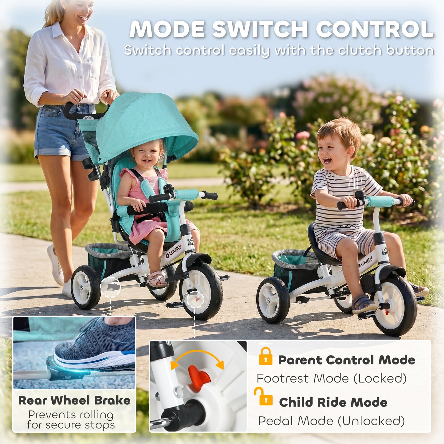 6 in 1 Kids Trike with Parent Handle, Canopy, 5-point Seat Belt, Storage, Footrest, Brake, for 1-5 Years, Green