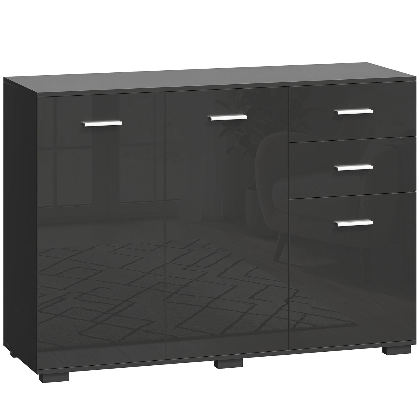 Sideboard, Modern Storage Cabinet with 2 Drawers, 3 Doors and Adjustable Shelves, High Gloss Black