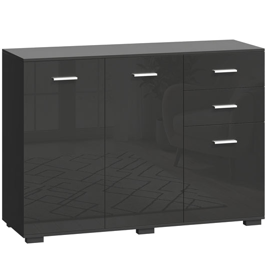 Sideboard, Modern Storage Cabinet with 2 Drawers, 3 Doors and Adjustable Shelves, High Gloss Black