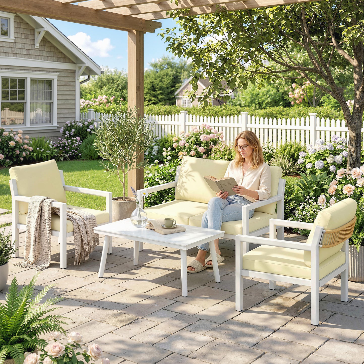 4 Seater Rattan Garden Furniture Set with 2 Armchairs, Loveseat, Coffee Table, Garden Sofa Set with Cushions, Beige